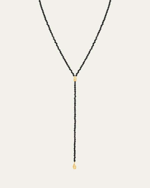 Micro Faceted Black Spinel Lariat Necklace with 14K Gold Filled Textured Orzo Beads